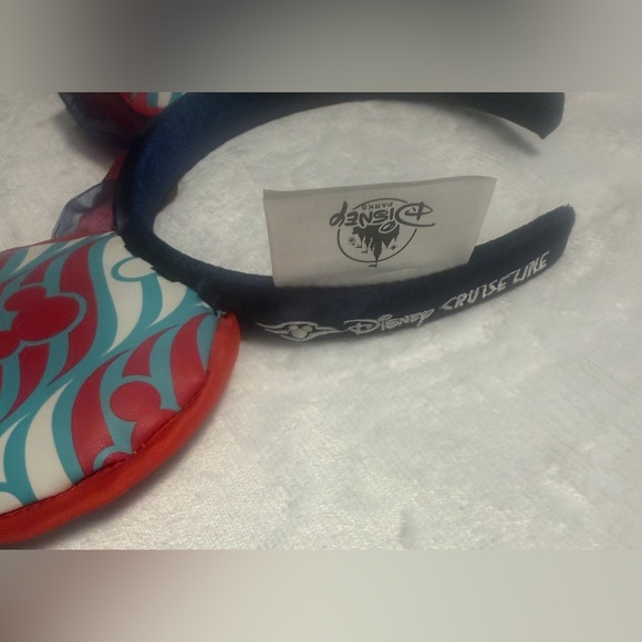 Disney Cruise Line Minnie Ear Headband with Red Bow and Blue Patterned Ears